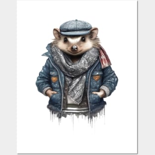 Hedgehog wearing a jacket cap and a scarf Posters and Art